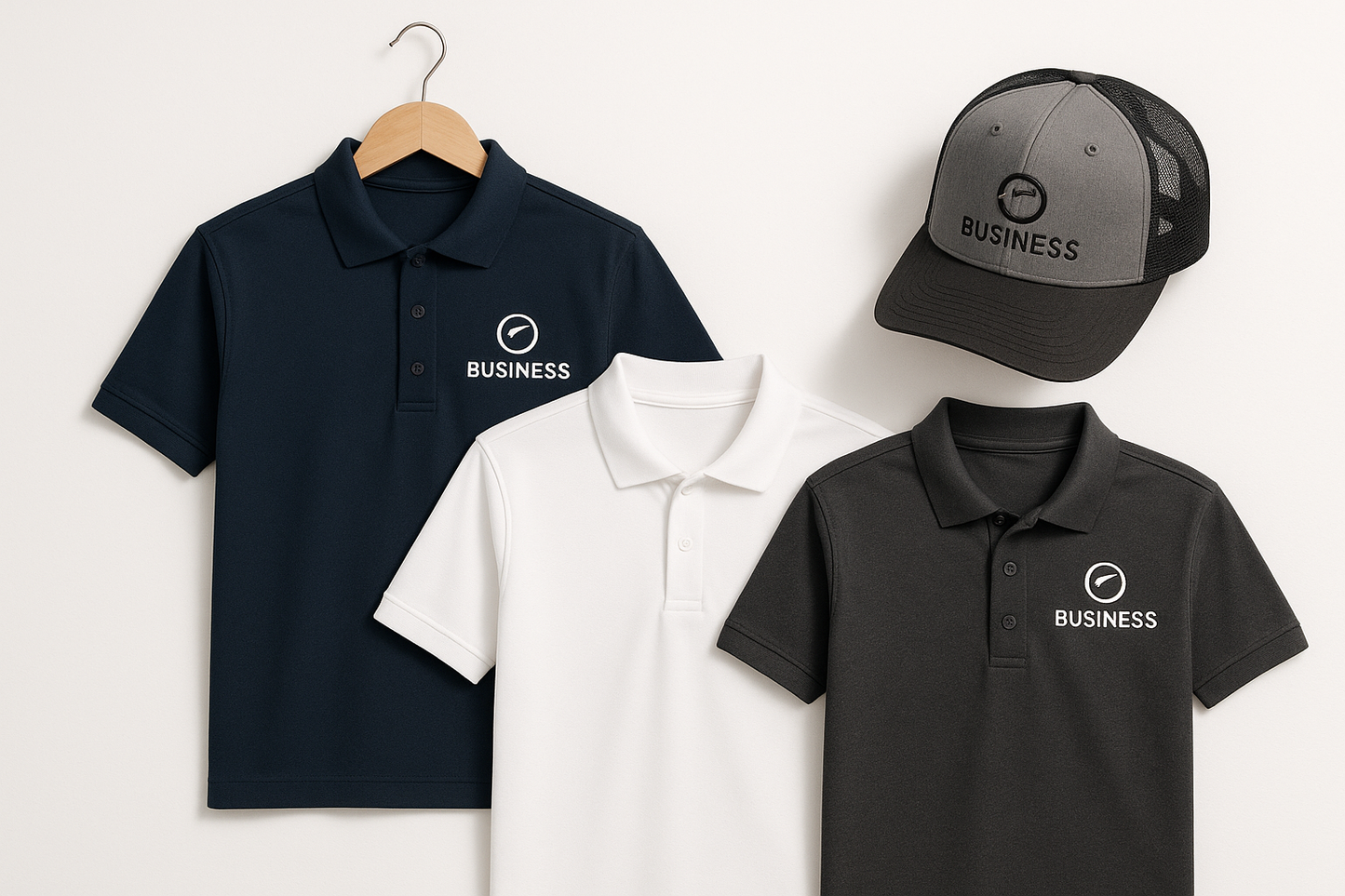 custom business polo shirts and custom trucker hat sample