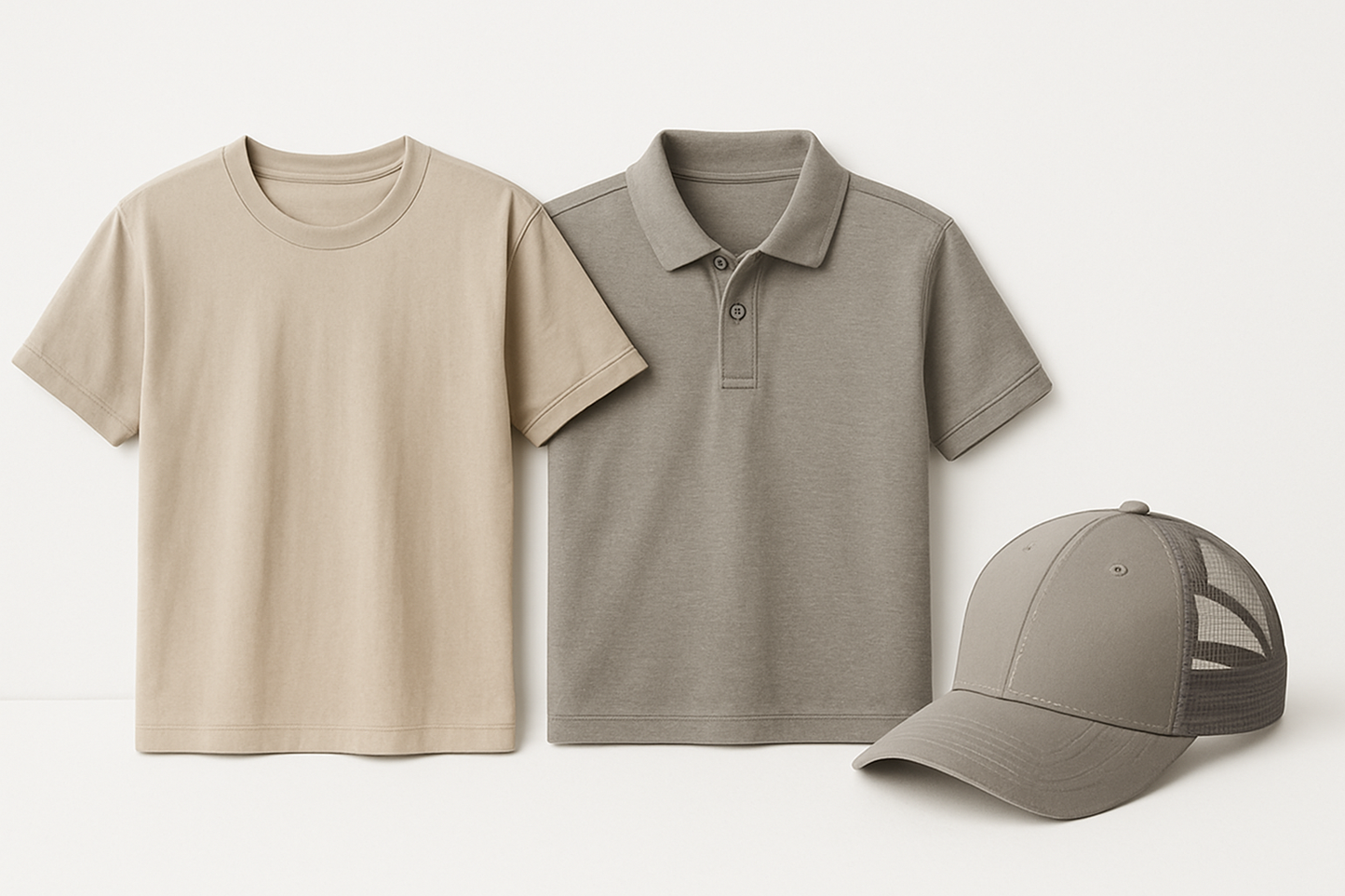 t-shirt, polo shirt and trucker hat sample